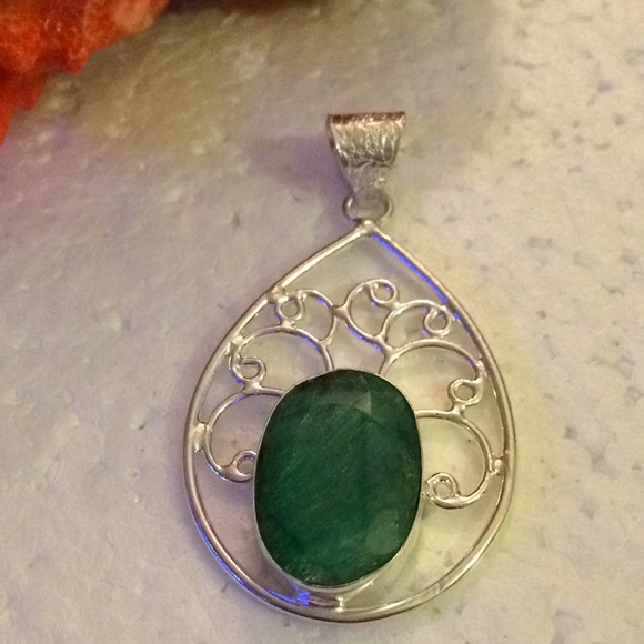 Vintage 925 natural emerald pendent - Picture 5 of 5